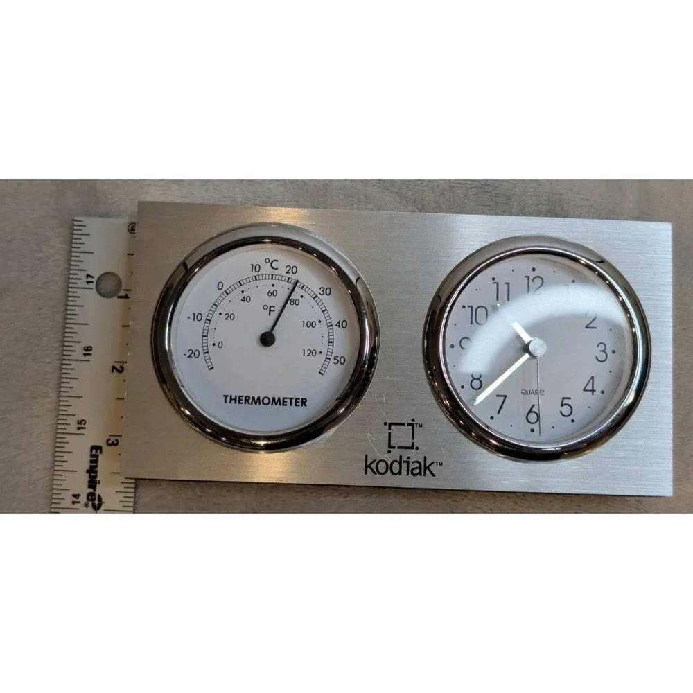 Kodiak Desk Clock Thermometer‎ Aluminum Dual Gauge Quartz Office Decor